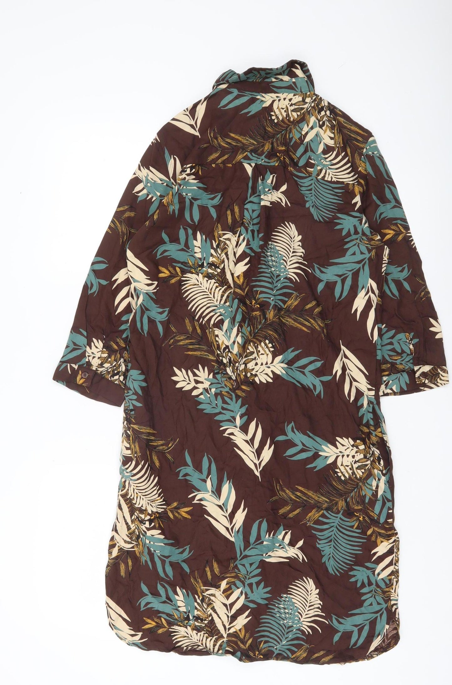 Next Womens Brown Green Floral Button-Up Tunic Shirt Dress UK 10
