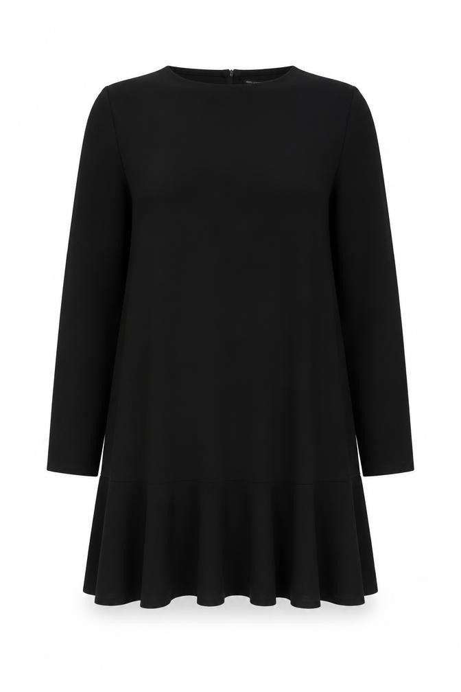 Front view of ASOS DESIGN Women’s Black Shift Dress, size S, Long Sleeve Crew Neck