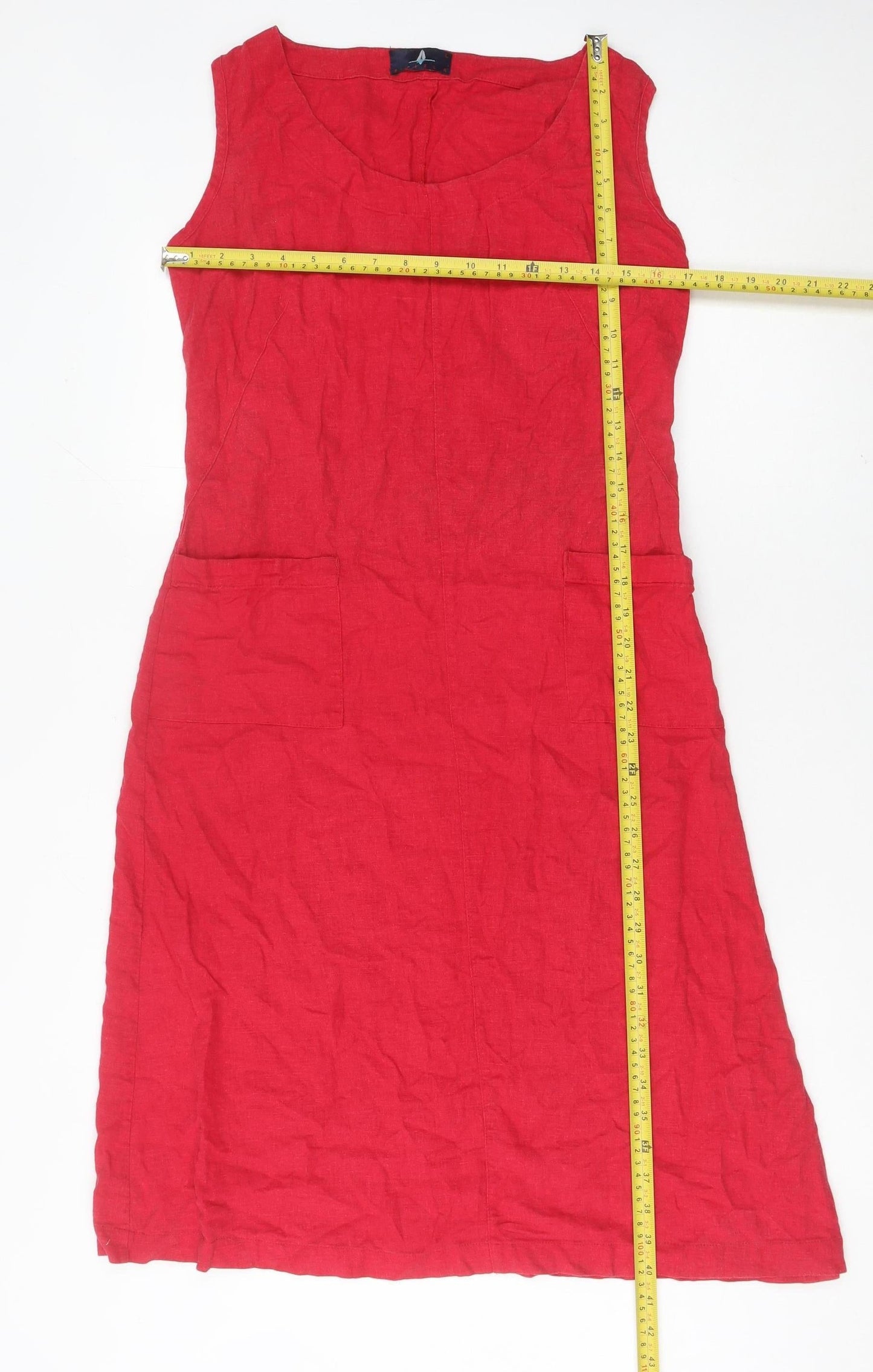 Batela Women Red Linen Shift Dress L Sleeveless Scoop Neck Pockets