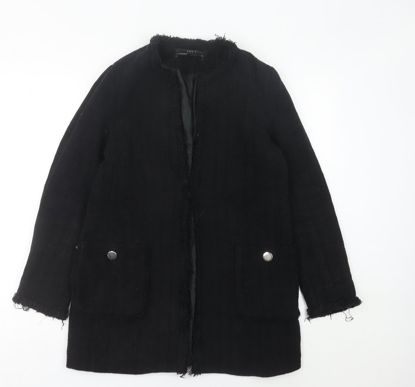 Zara Women Black Mid-Length Tweed Coat Size 12 Collarless