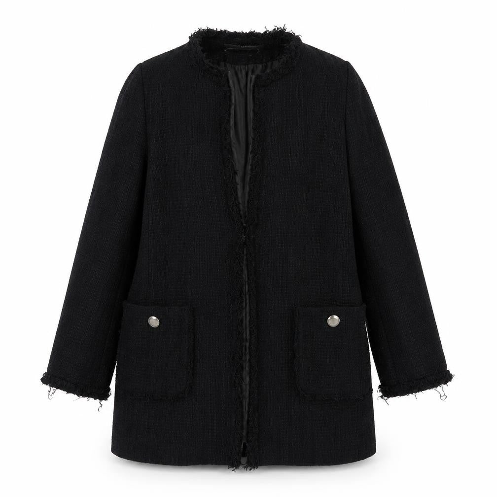 Zara Women Black Mid-Length Tweed Coat Size 12 Collarless