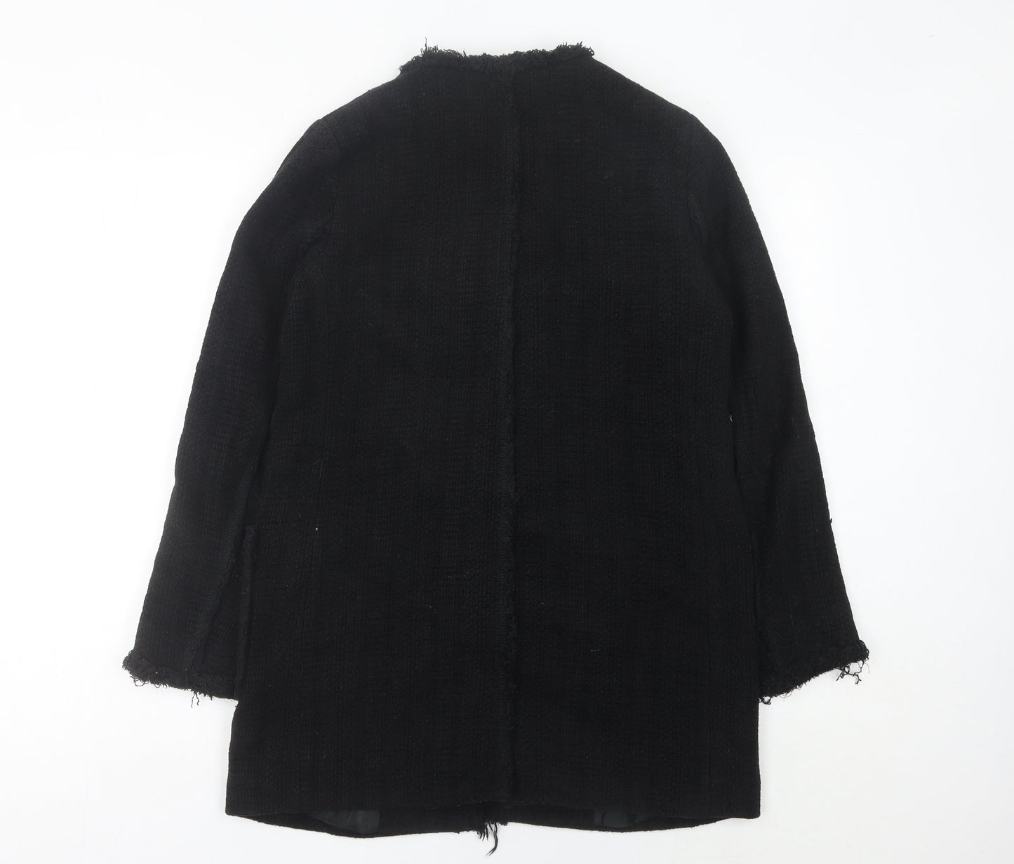 Zara Women Black Mid-Length Tweed Coat Size 12 Collarless