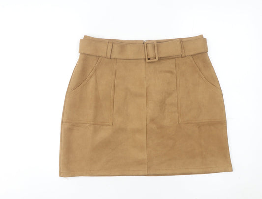 QED London Women Brown Short Skirt L High Waist Pencil Style