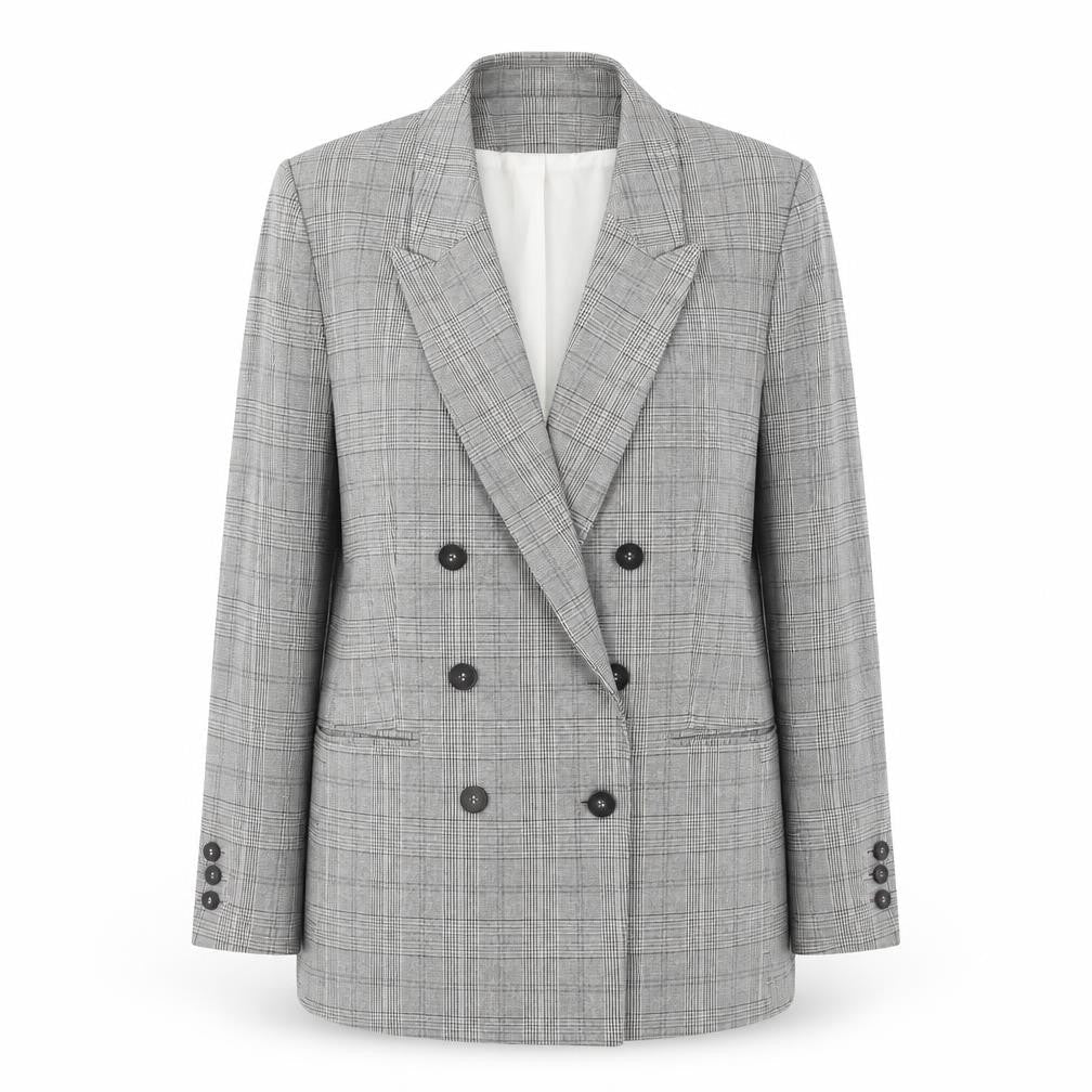 H&M Womens Grey Checked Double Breasted Suit Jacket Size 12