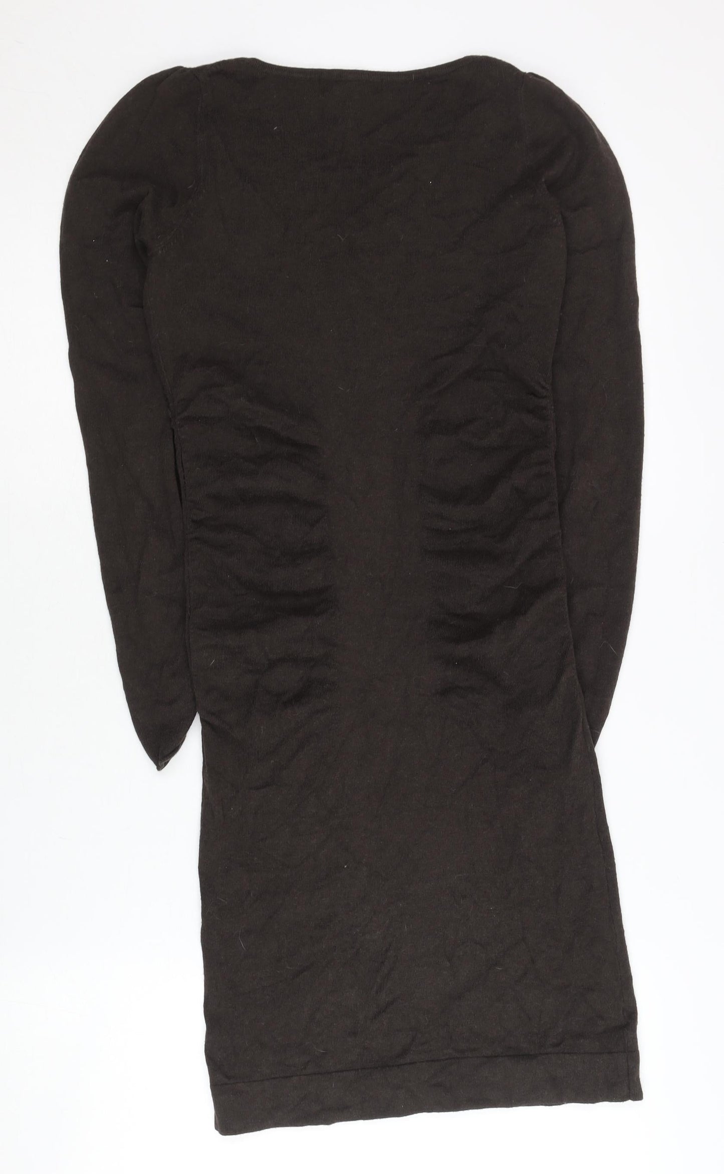 Mango Women Brown Bodycon Mini Dress Size 8 Long Sleeve Ruched