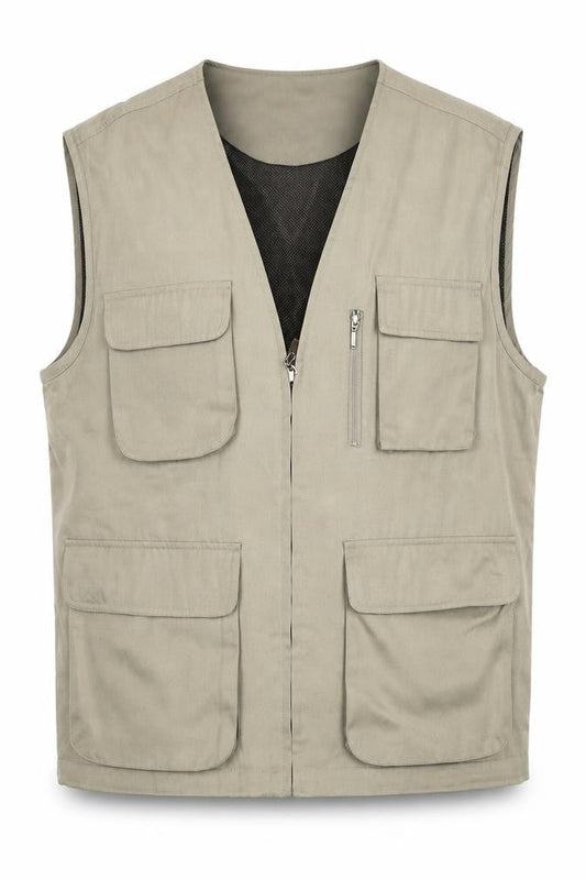 Bo Shi Te Men's Beige Waistcoat L Cotton Outdoor Multi Pocket