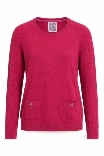Front view of Mantaray women’s pink cable-knit jumper, size UK 10