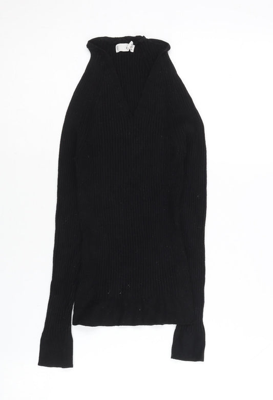 MNG Womens Black Slim Fit V-Neck Ribbed Pullover Jumper Size M