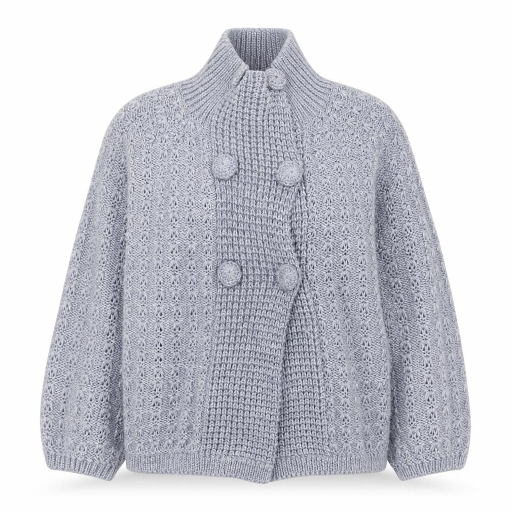 Inverse Womens Grey High Neck Chunky Knit Cardigan M 3/4 Sleeve