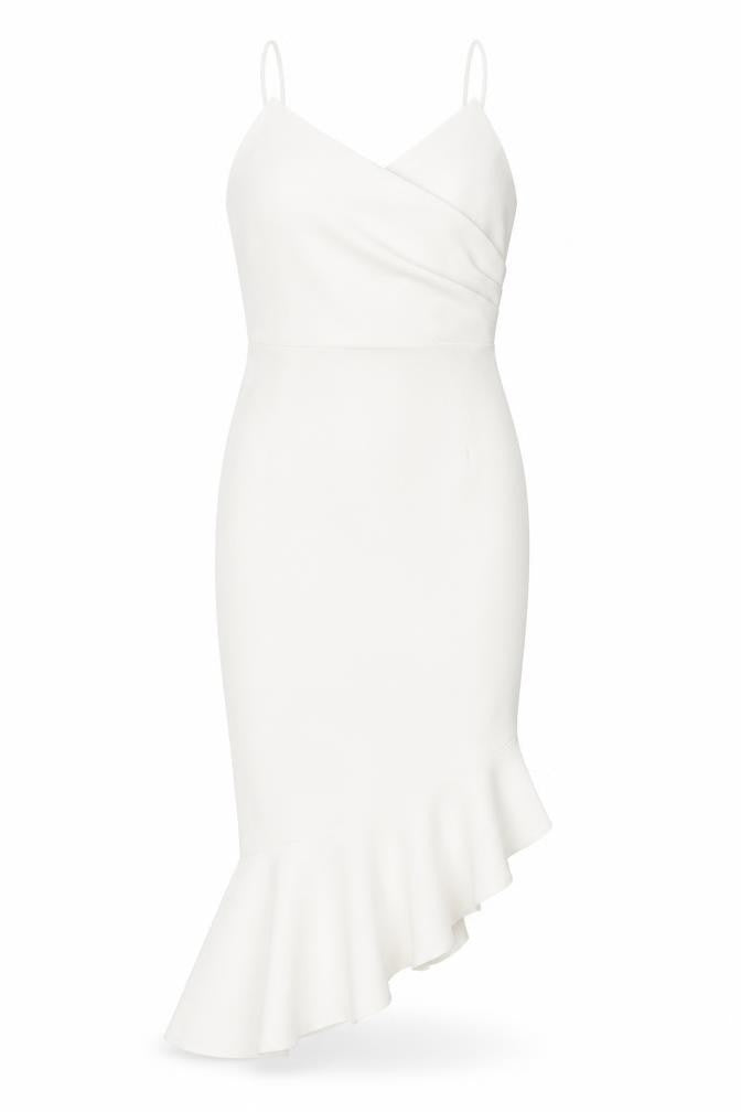 Front view of ASOS Women White, size 10, Bodycon Midi Dress Ruffle Hem V-Neck