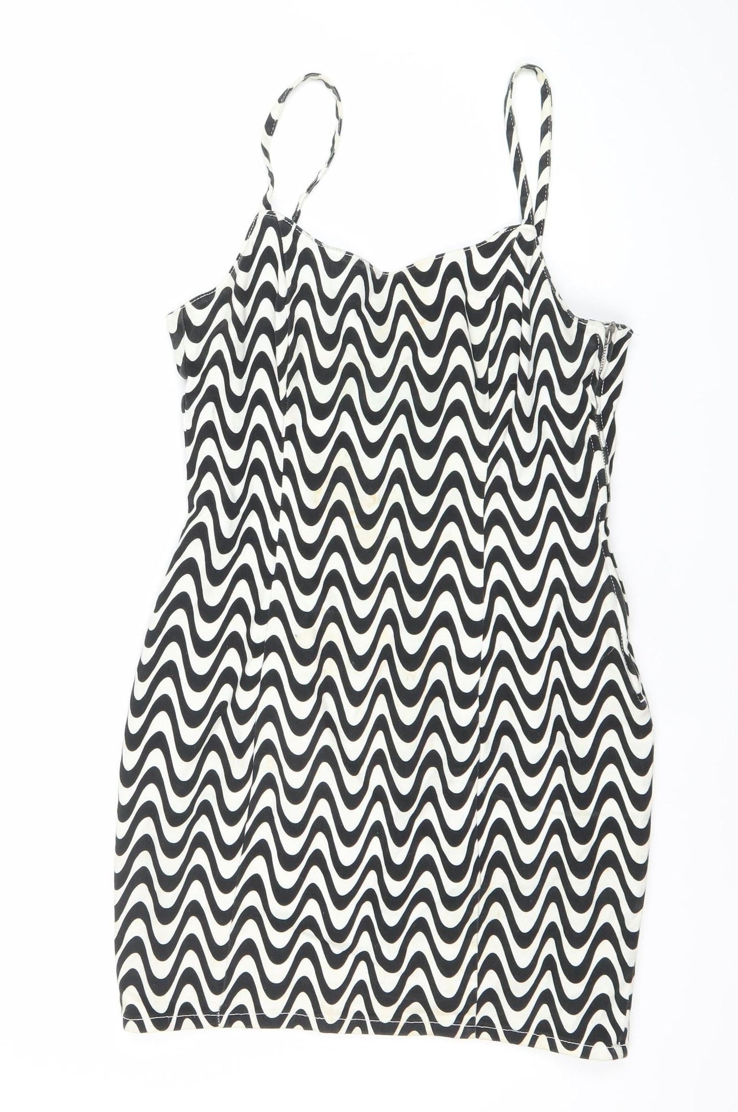 H&M Women Black White Geometric Mini Slip Dress Size 12 Cotton
