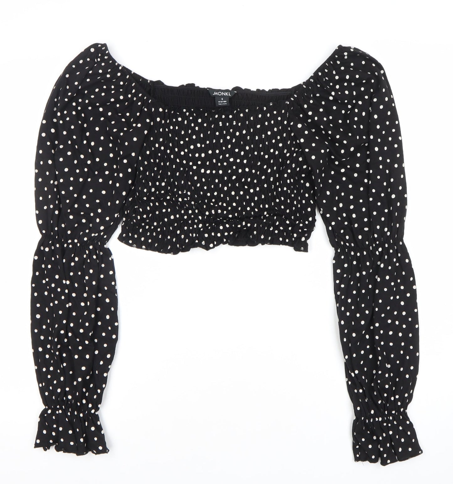 Monki Women Black Polka Dot Cropped Blouse S Puff Sleeve