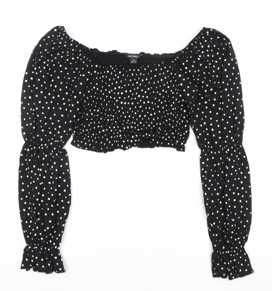 Monki Women Black Polka Dot Cropped Blouse S Puff Sleeve