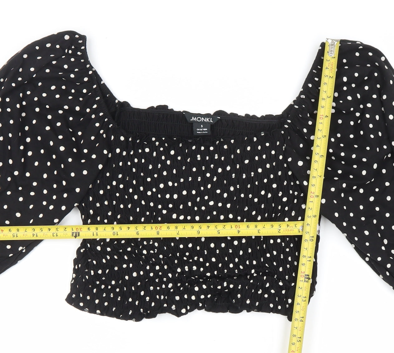 Monki Women Black Polka Dot Cropped Blouse S Puff Sleeve