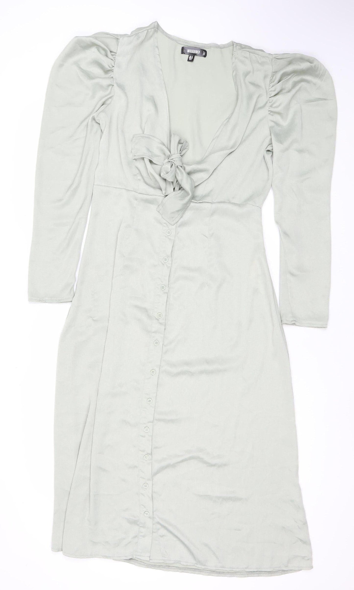 Missguided Women’s Green Wrap Dress Size 12 Puff Sleeve V-Neck