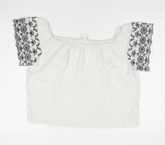 H&M Womens White Embroidered Floral Boho Blouse Size 12
