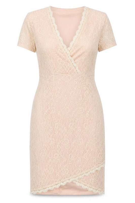 Missguided Women’s Beige Lace Sheath Dress Size 14 V-Neck Party Wedding