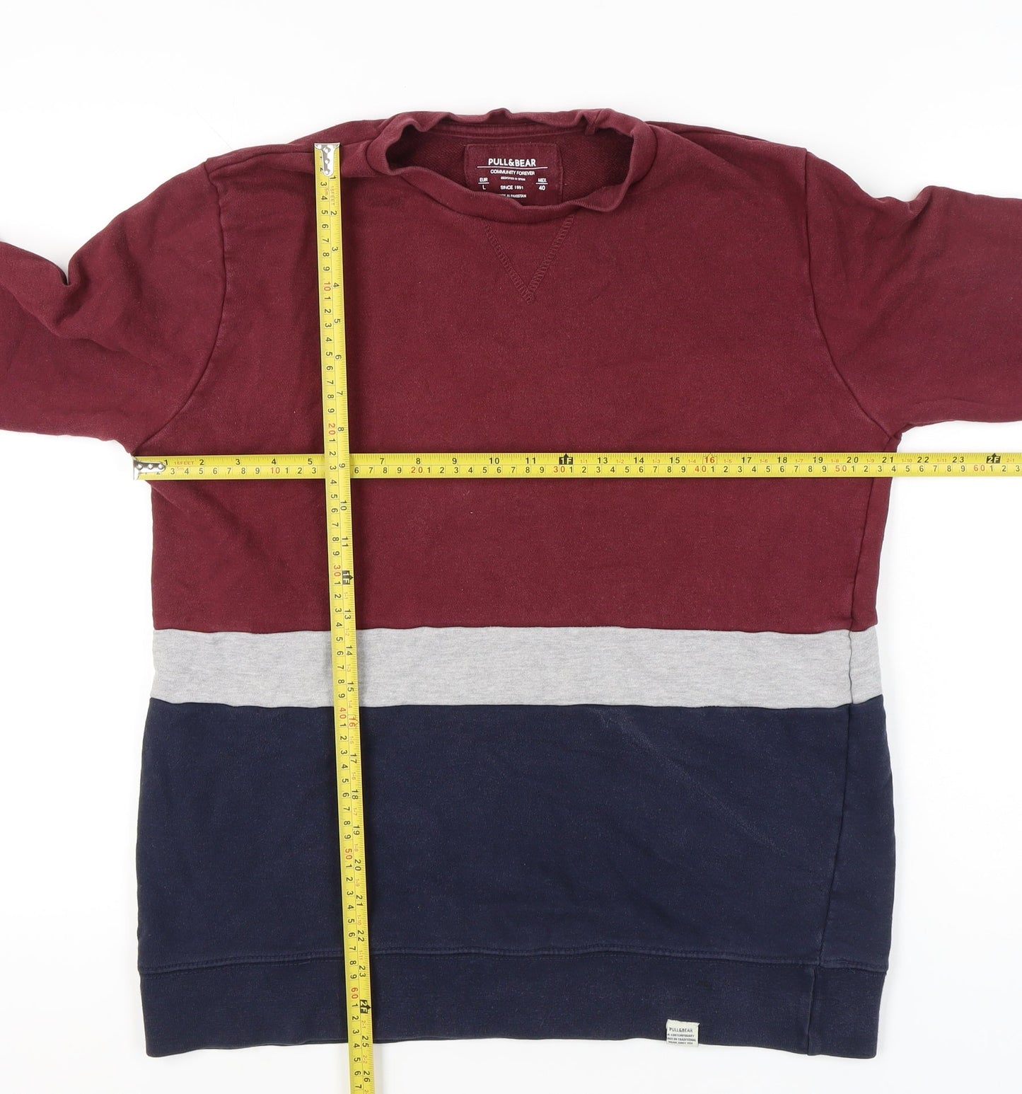 Pull&Bear Men’s Colour Block Sweatshirt L Red Grey Blue Crew Neck