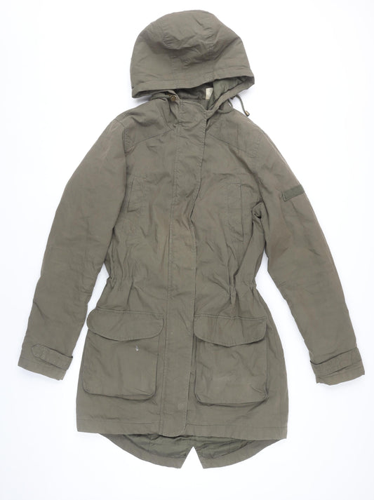 La Redoute Women’s Green Parka Coat Size 10 Hooded Mid-Length Cotton