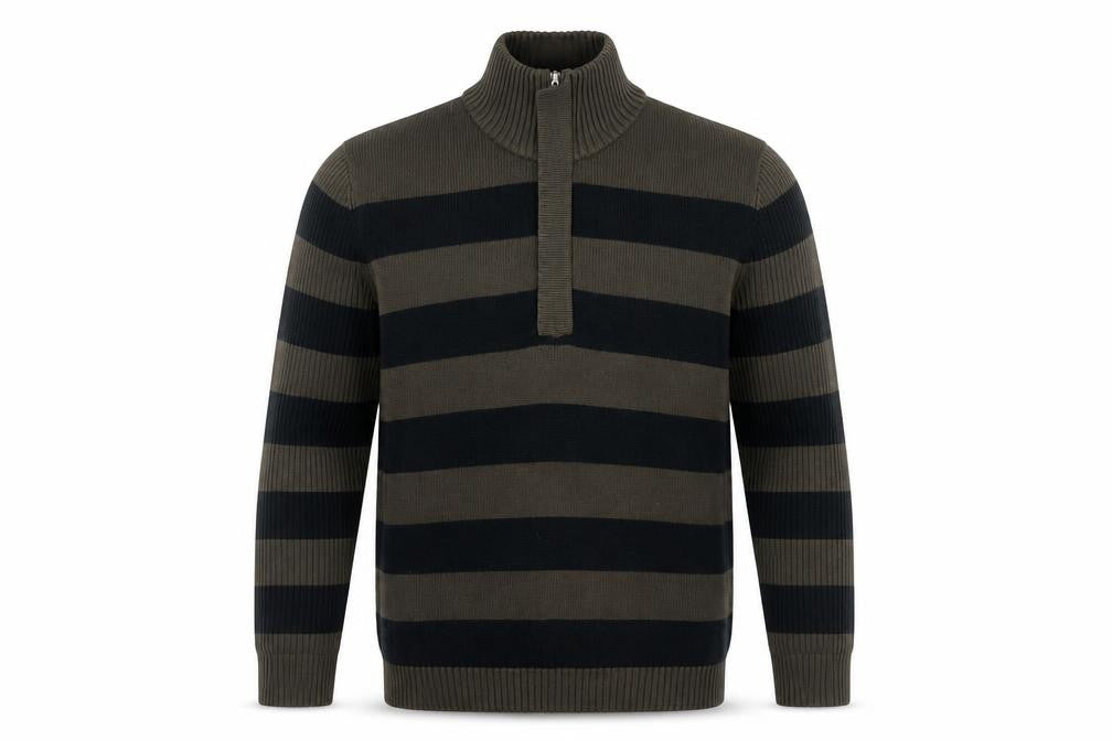 Mexx Men’s Green Black Striped Cotton Jumper M 1/4 Zip High Neck
