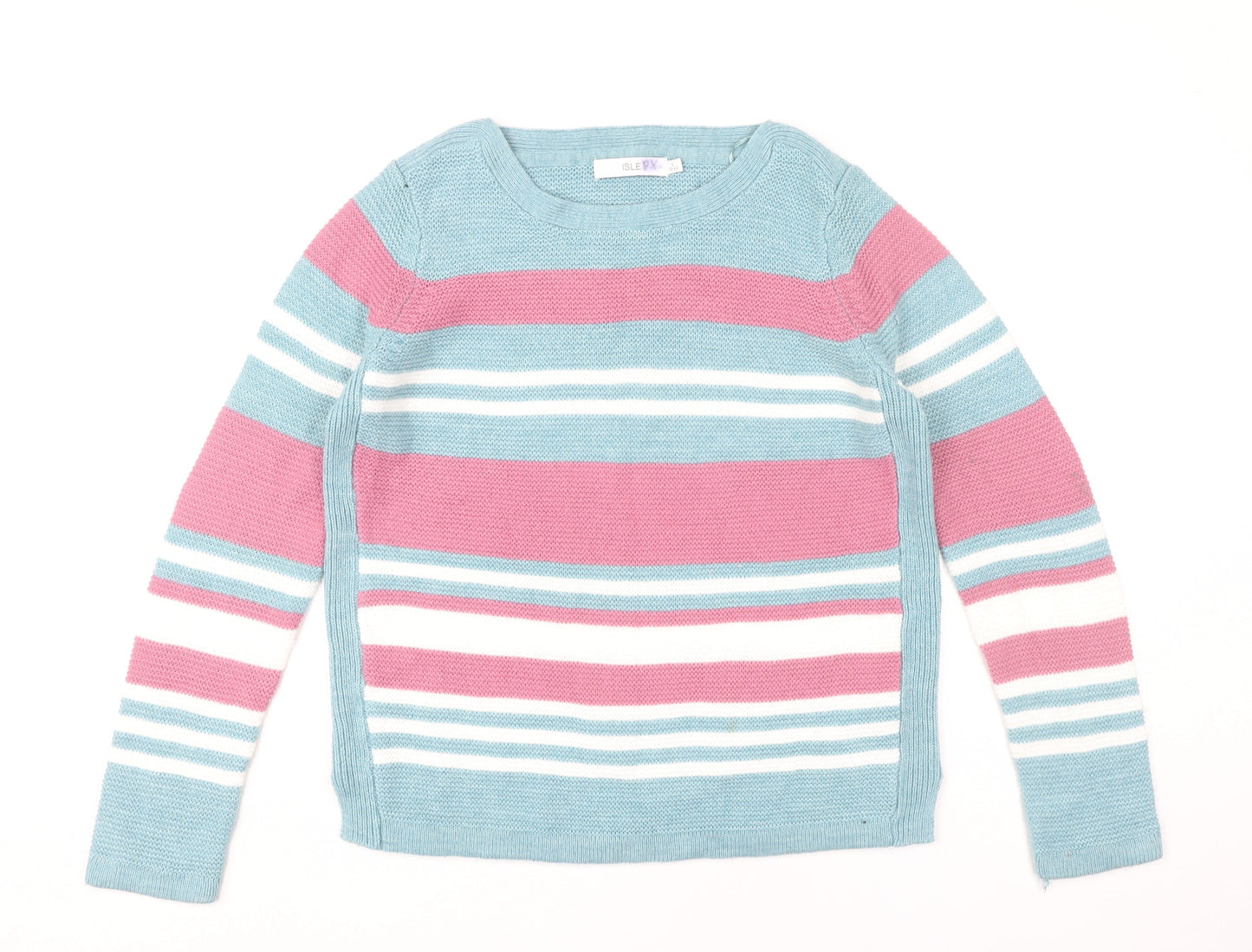 Isle Women’s Blue Striped Acrylic Jumper Size S 10-12 Crew Neck