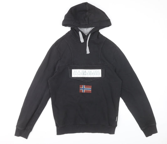 Napapijri Men's Black Pullover Hoodie XS Logo Flag Embroidered