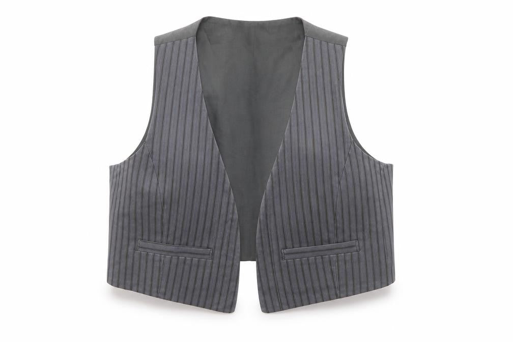 Topshop Women Grey Striped Vest Waistcoat Size 12 Workwear Cotton