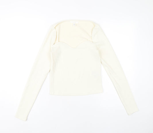 H&M Women Ivory Sweetheart Neck Long Sleeve Cropped Blouse Size 12