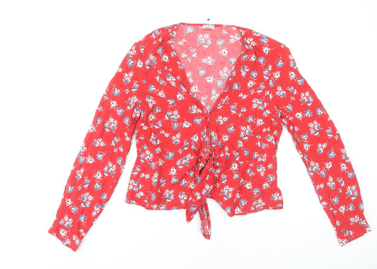 Pimkie Women Red Floral Wrap Blouse Long Sleeve Size M