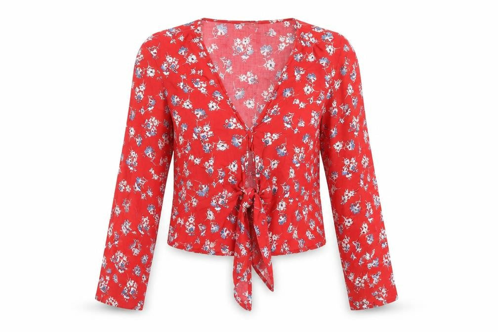 Pimkie Women Red Floral Wrap Blouse Long Sleeve Size M