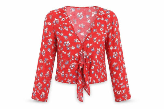 Pimkie Women Red Floral Wrap Blouse Long Sleeve Size M