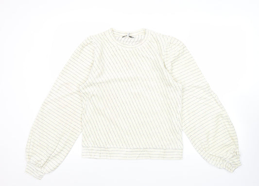 Ganni Women White Striped Pullover Jumper Size S Crew Neck Puff Sleeve
