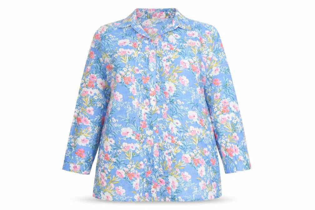 Isle Essentials Womens Blue Floral Button-Up Tunic Shirt Size 12