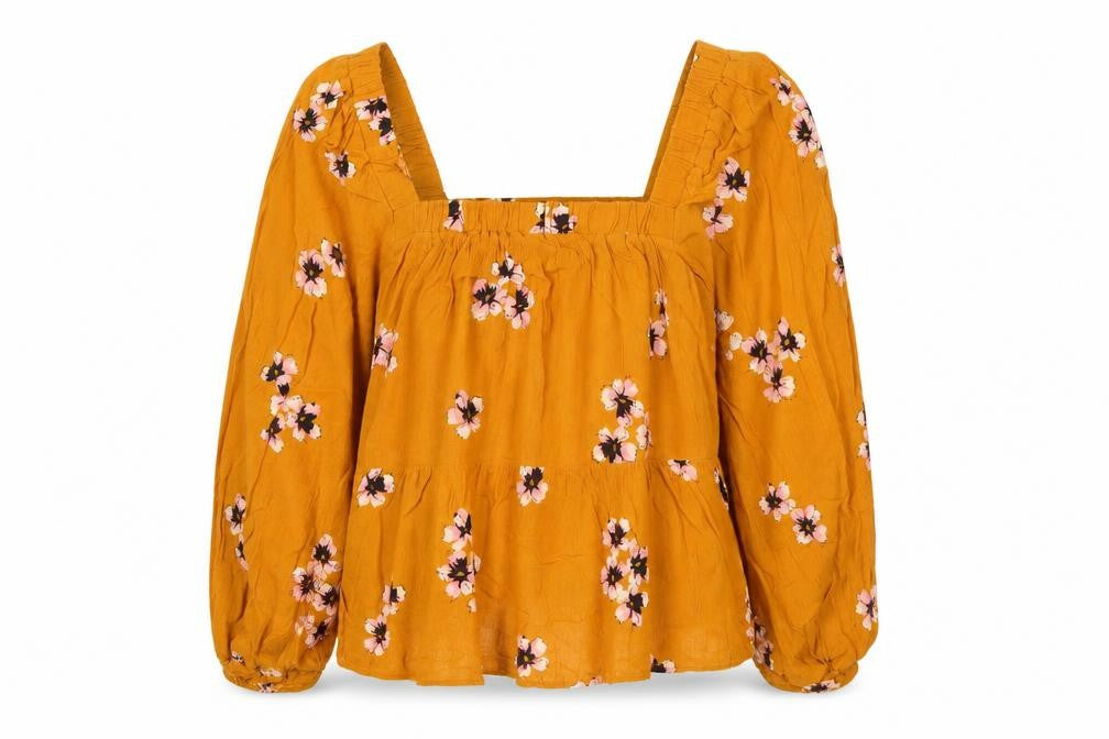 Front view of ASOS Women’s Orange Floral Tunic Blouse, size UK 10, Puff Sleeve