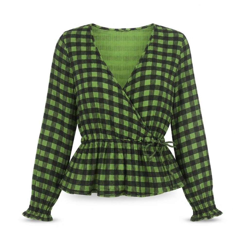 Nasty Gal Women’s Green Check Wrap Blouse Size 8 Long Sleeve