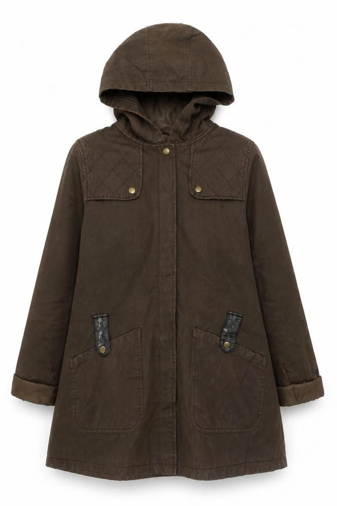 Front view of ASOS Women’s Brown Hooded Parka Coat UK 10 Mid-Length Cotton Blend