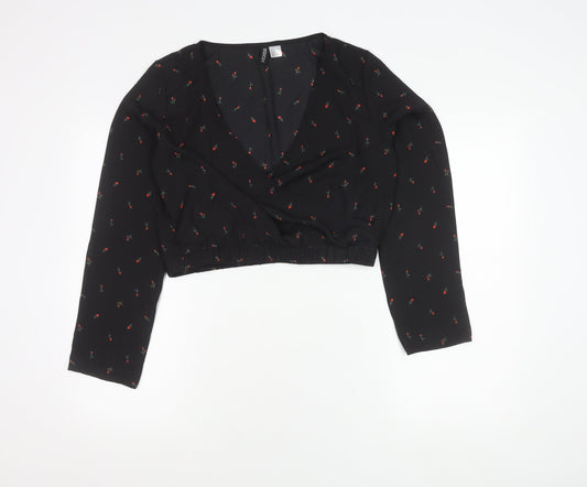 H&M Divided Women’s Black Floral Wrap Crop Blouse Size 12 Long Sleeve