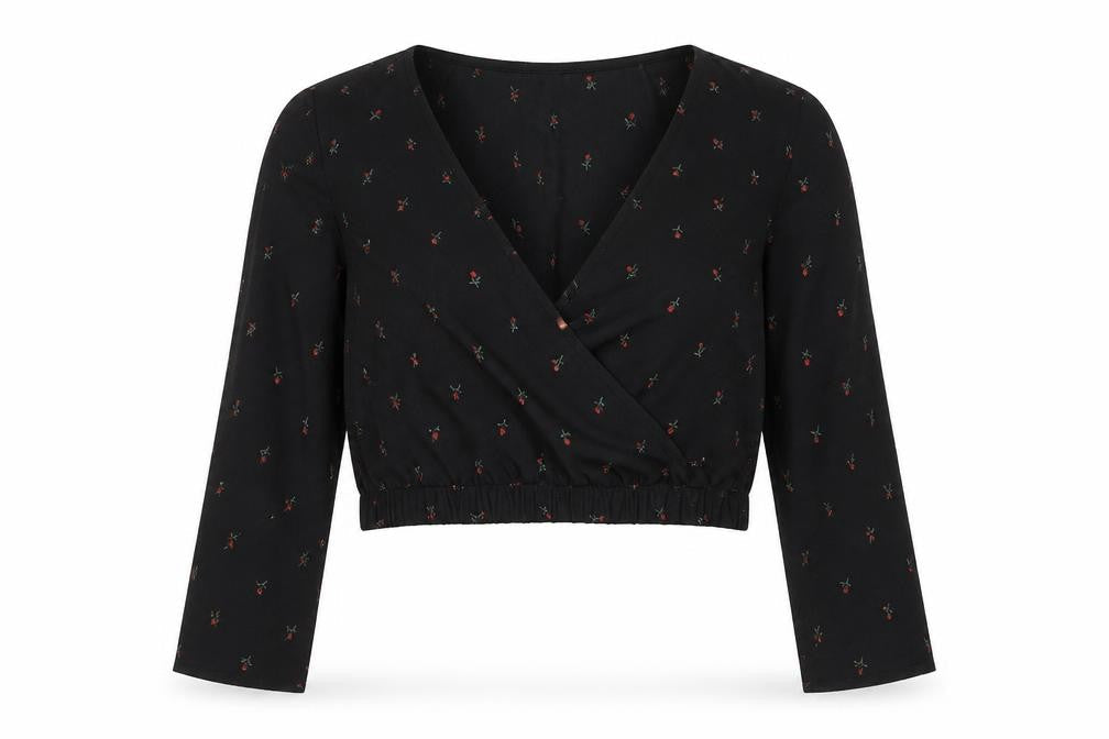 H&M Divided Women’s Black Floral Wrap Crop Blouse Size 12 Long Sleeve