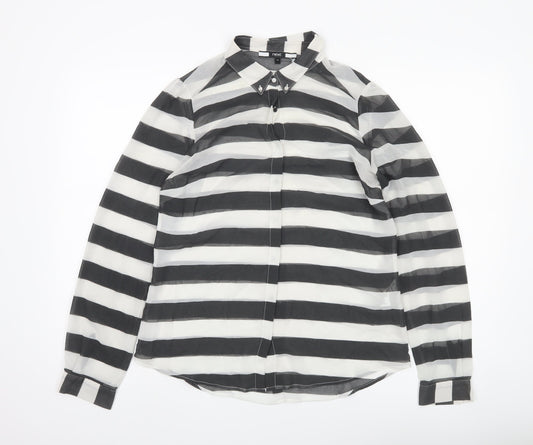 Next Women’s Black White Striped Chiffon Button Up Shirt UK 14