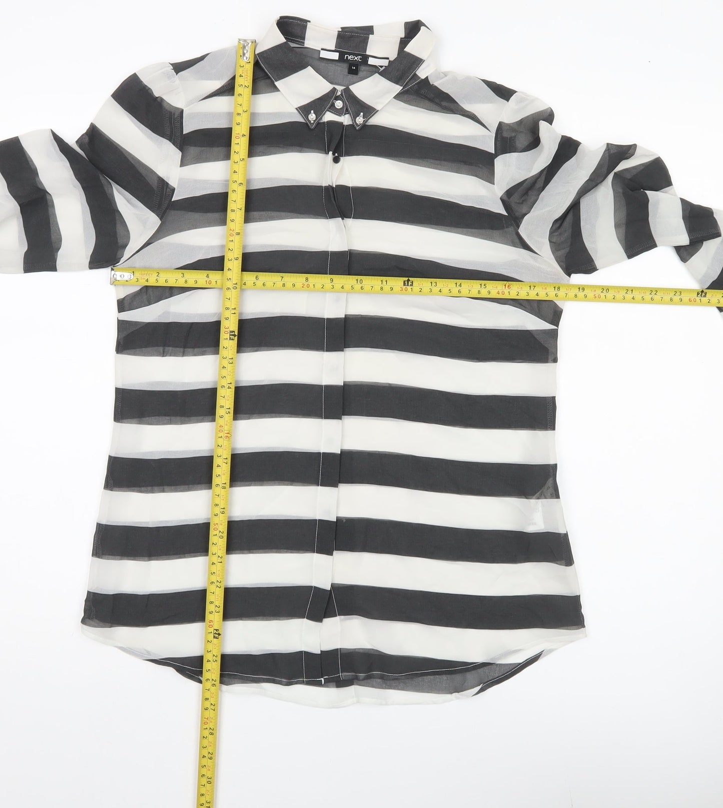 Next Women’s Black White Striped Chiffon Button Up Shirt UK 14