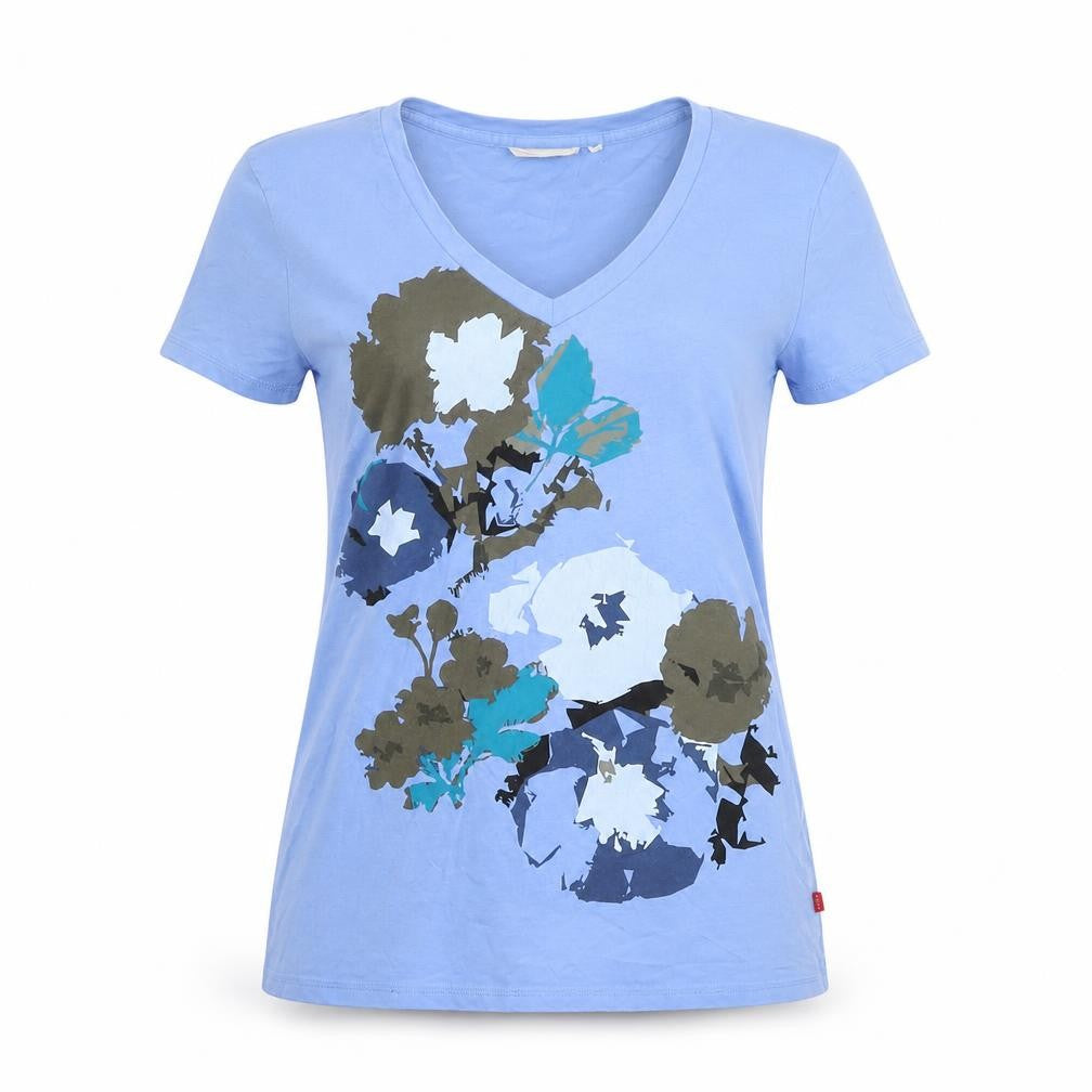 Jackpot Womens Blue Floral V-Neck T-Shirt Size L Short Sleeve