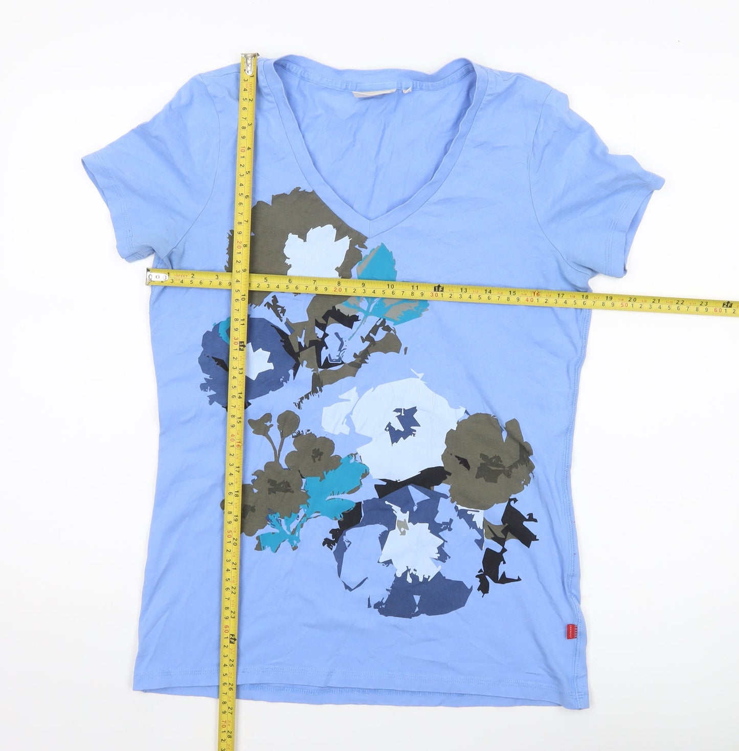 Jackpot Womens Blue Floral V-Neck T-Shirt Size L Short Sleeve