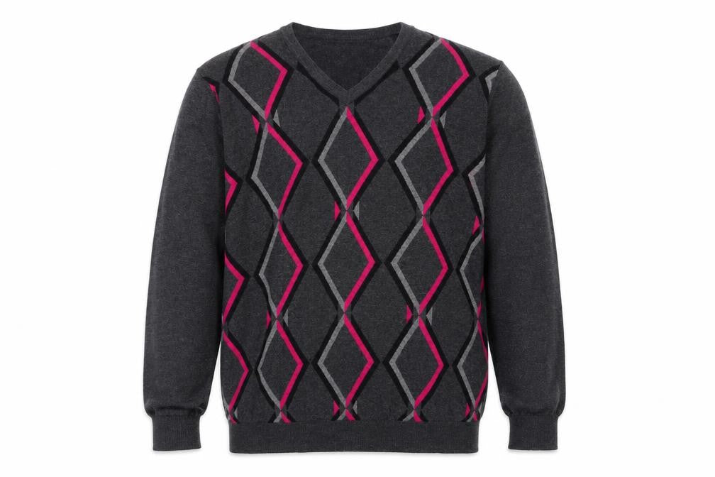 IJP Design Mens Grey XL V-Neck Argyle Pullover Jumper