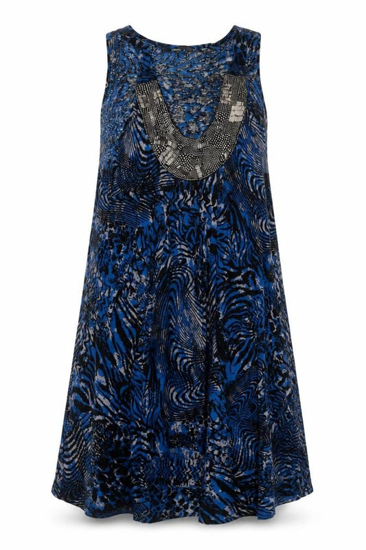 M&Co Womens Blue Black Animal Print Shift Dress Size 20 Beaded Neckline