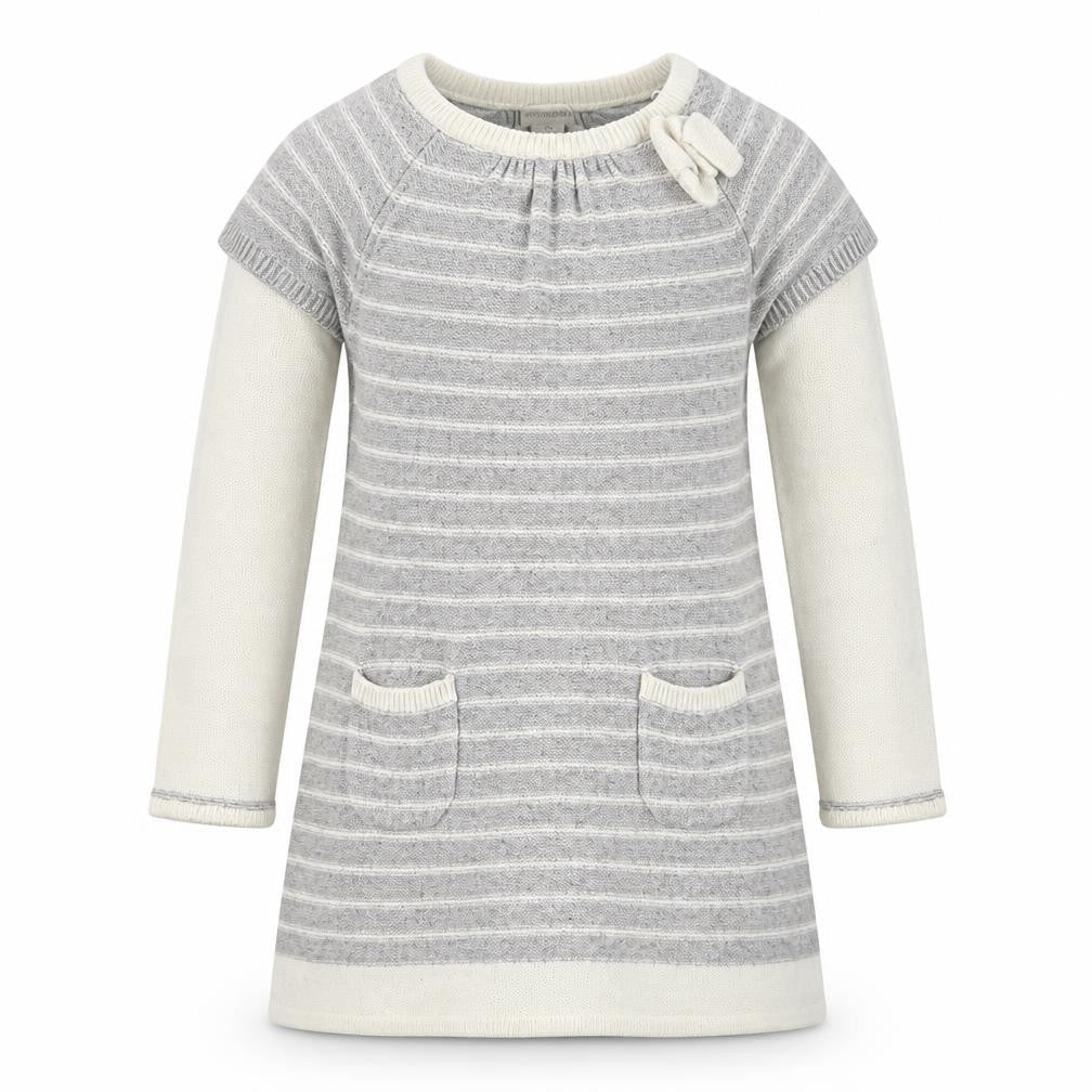 Monsoon Girls Grey Striped Tunic Jumper 7-8 Years Wool Blend Bow Detail