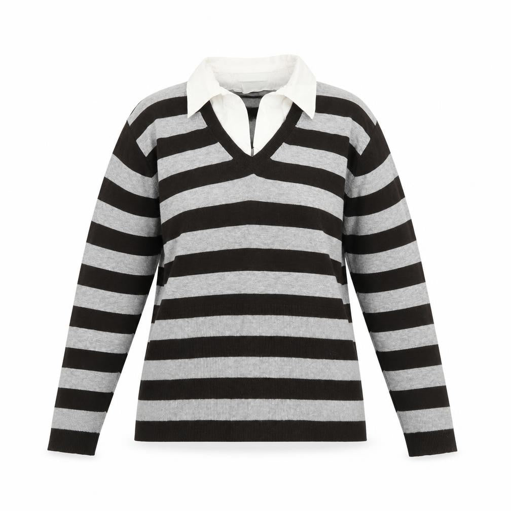 Yessica Women’s XL Brown Grey Striped V-Neck Pullover Jumper