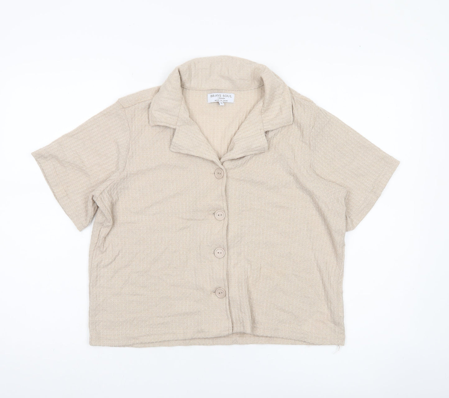 Brave Soul Women’s Beige Cropped Button-Up Shirt S Casual