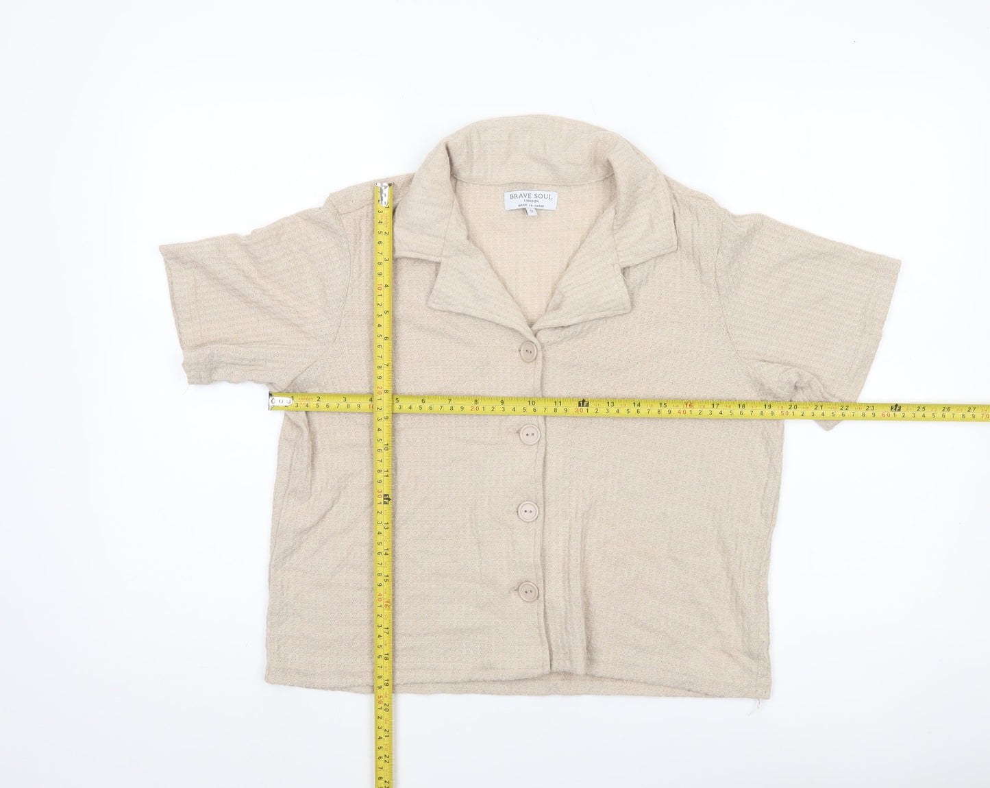 Brave Soul Women’s Beige Cropped Button-Up Shirt S Casual
