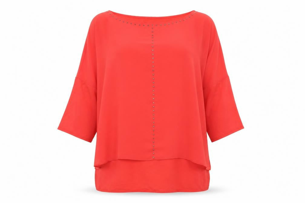 Wallis Women’s Red Tunic Blouse M 3/4 Sleeve Studded Boat Neck