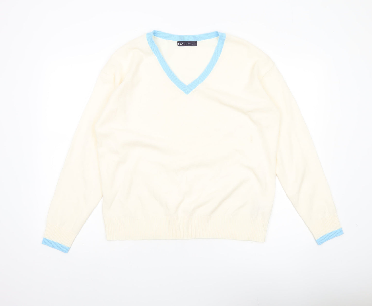 Marks and Spencer Women Ivory Blue V-Neck Acrylic Jumper Size 14